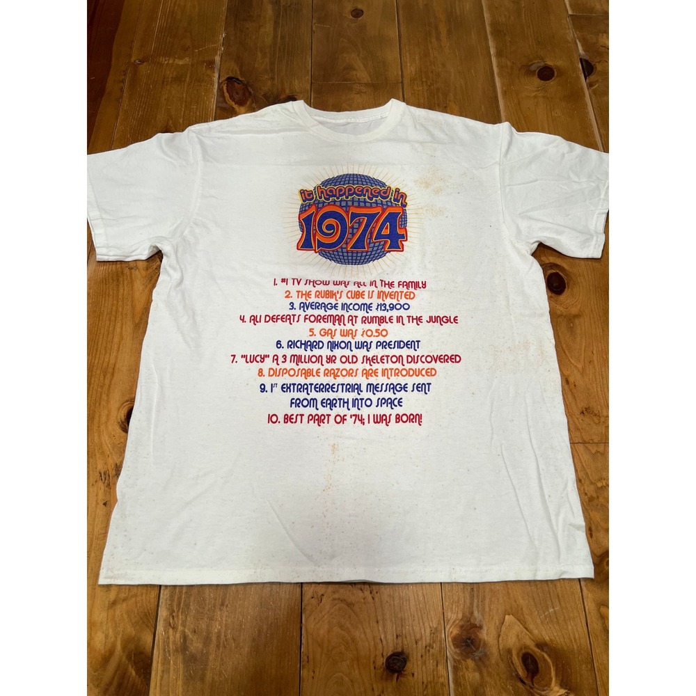 Vintage It Happened In 1974 Birthday Graphic T-Shirt White 50th Birthday XL